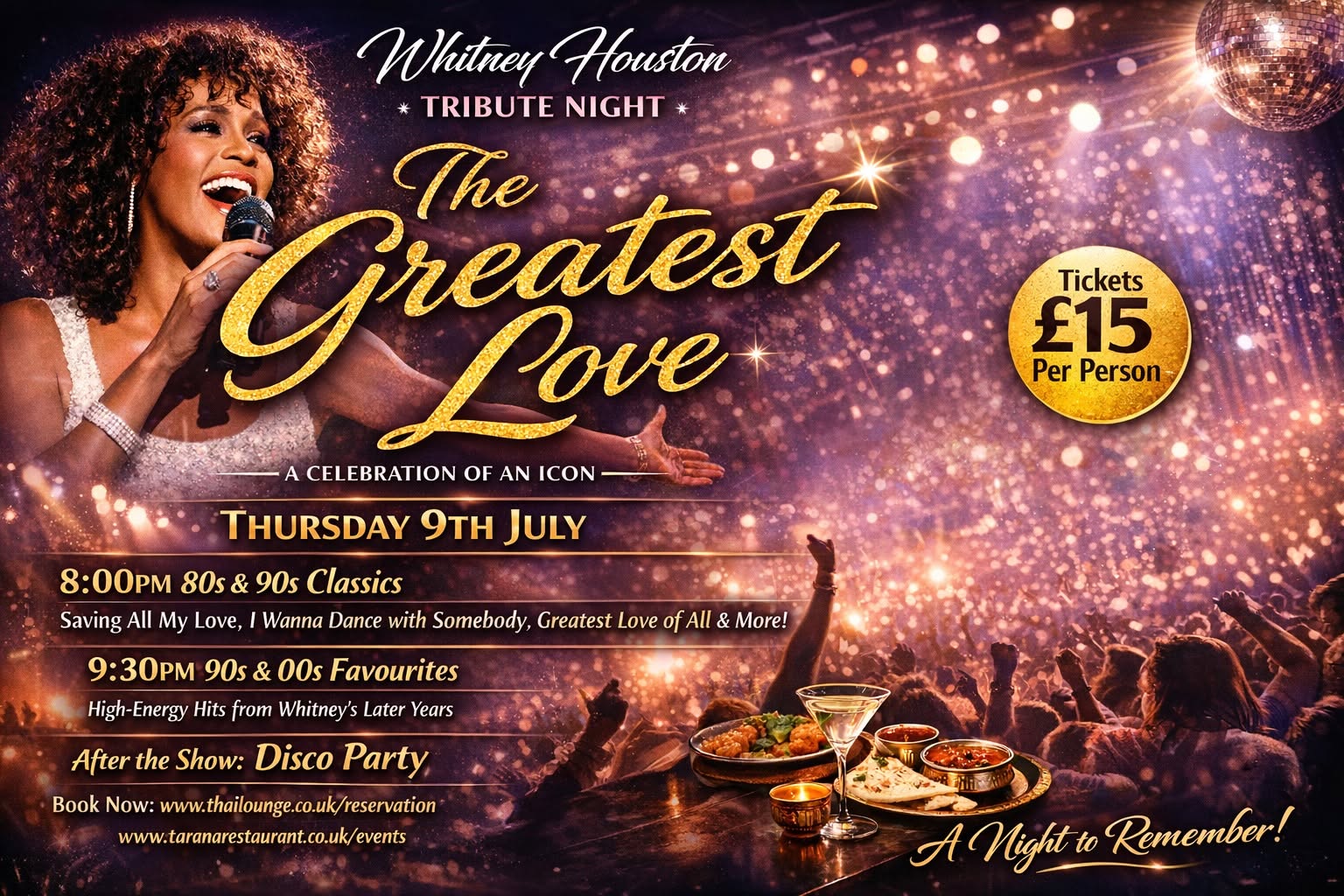 Whitney Houston tribute singer performing live at Tarana Restaurant event poster
